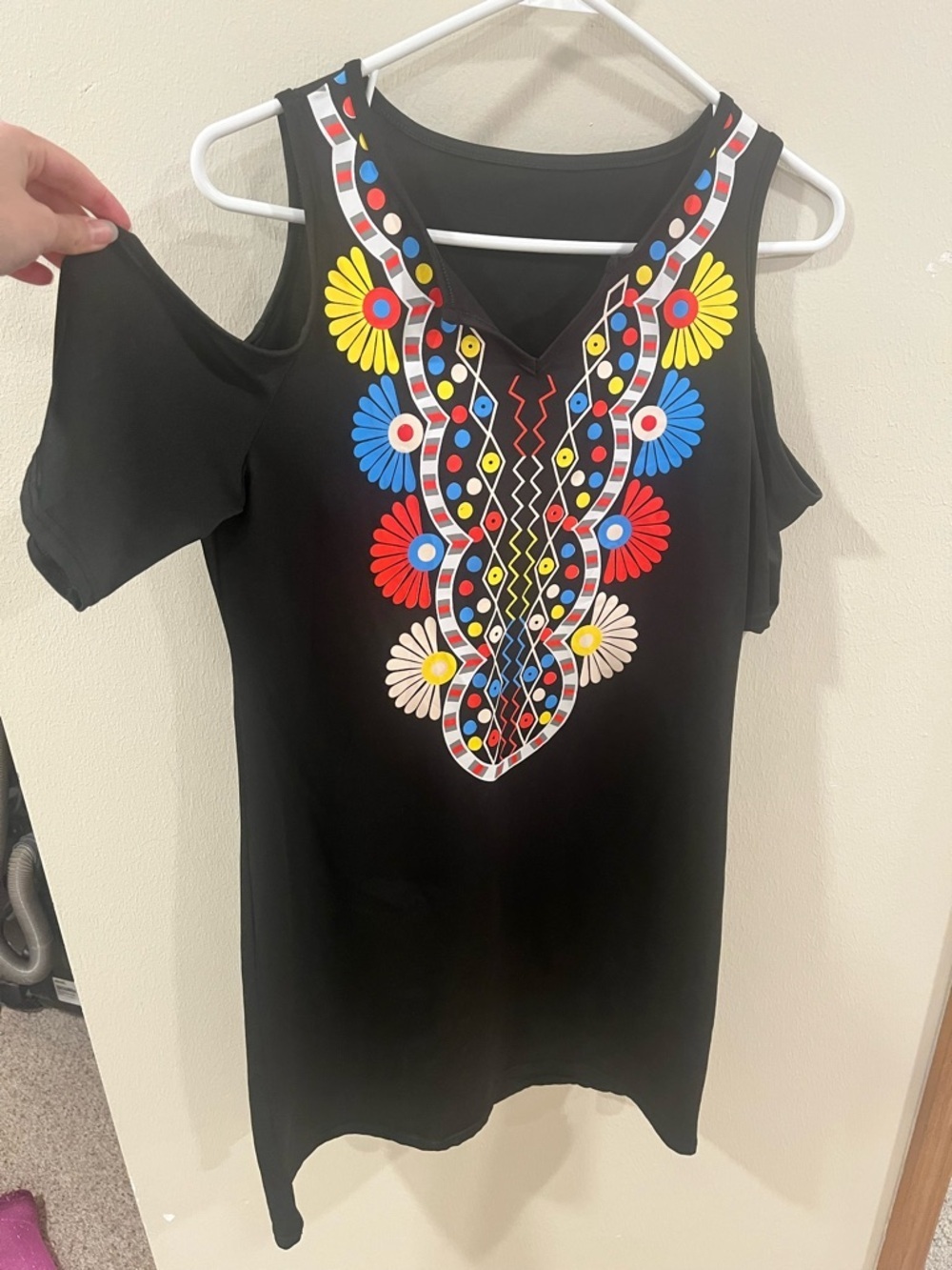 Boho Cold-Shoulder Embroidered Style Mini Dress- Size Medium - Picture 2 of 8
